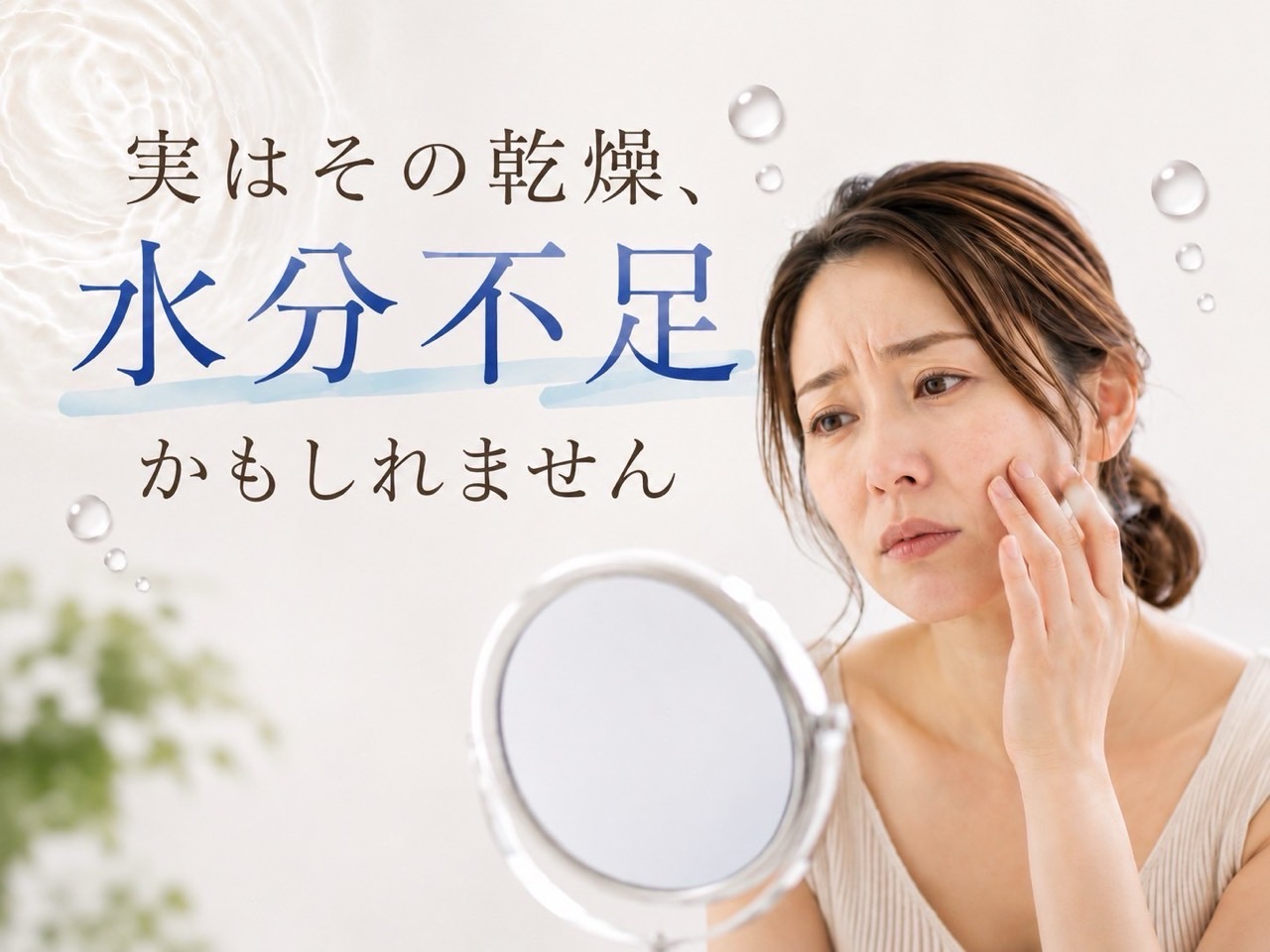 鏡を見ながら乾燥した頬を気にする女性。保湿しているのに乾燥する原因として水分不足を解説するイメージ画像