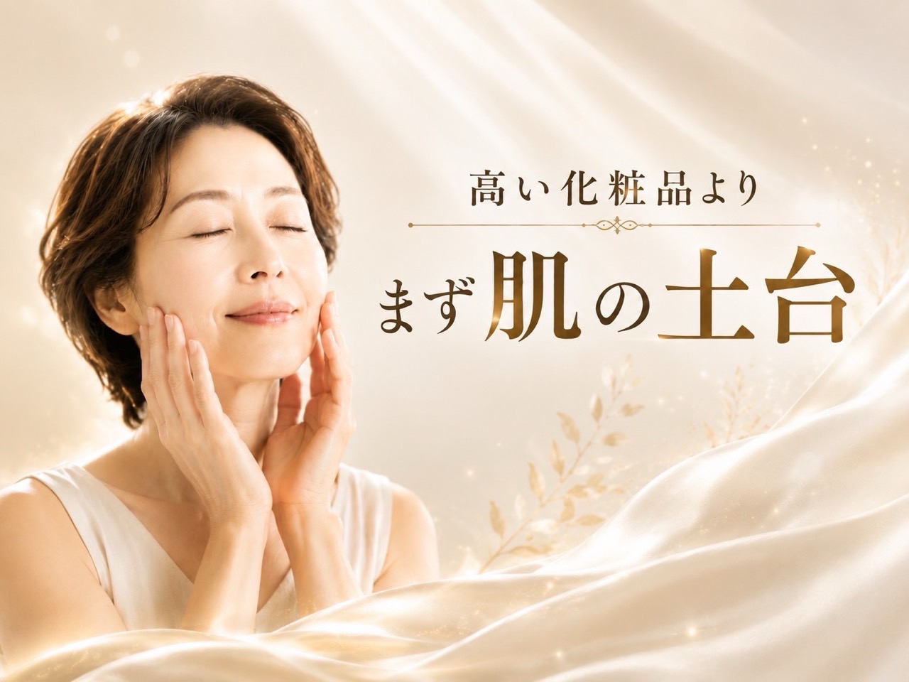 肌に手を添えながら目を閉じる女性。高い化粧品よりも肌の土台づくりの大切さを表現したイメージ画像