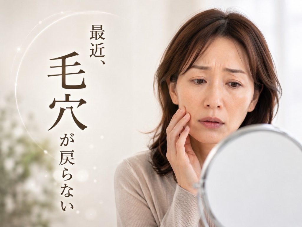 鏡を見ながら頬の毛穴を気にする40代女性。毛穴の開きや乾燥に悩む様子のイメージ画像