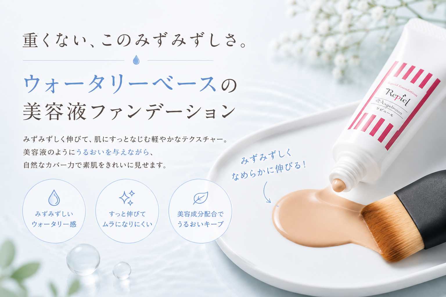ウォータリーリキッドファンデーションで仕上げたみずみずしく自然なつや肌