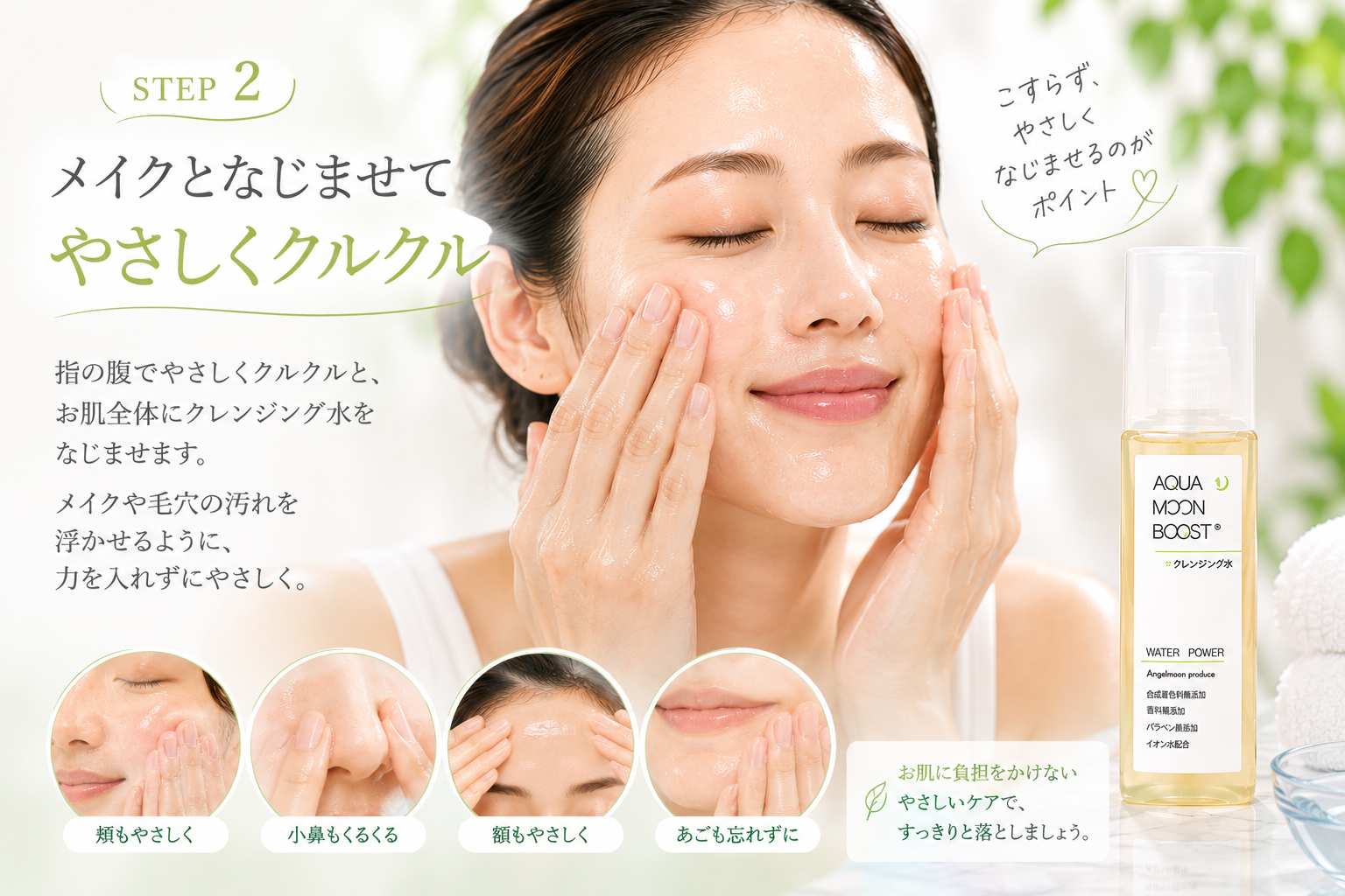 4本の指でクレンジング水を顔全体へやさしくなじませる方法