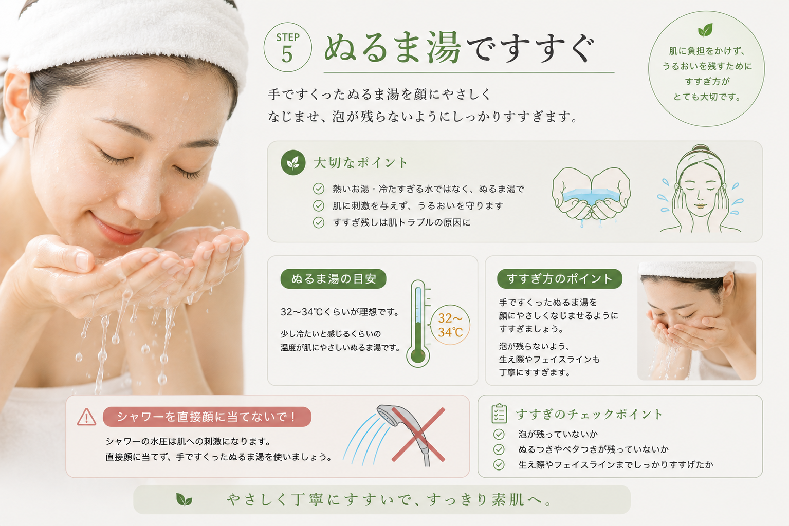 32度から34度ほどのぬるま湯を手ですくいシャワーを直接顔へ当てずにすすぐ方法