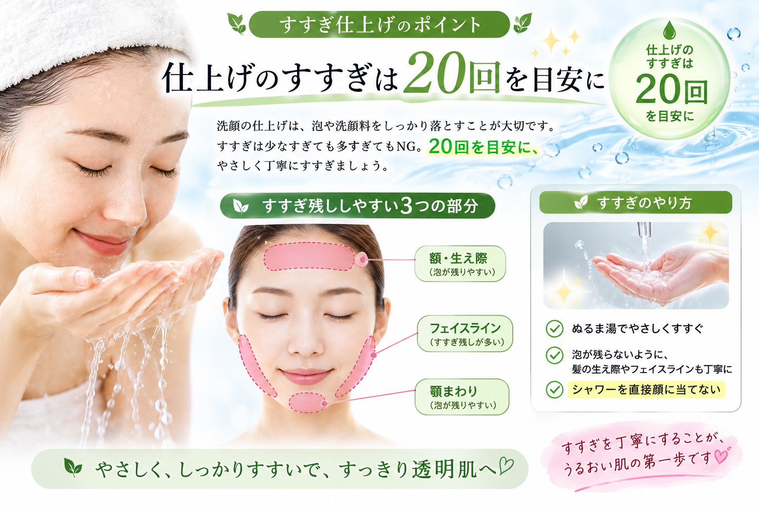 泡洗顔後に約20回すすぎ生え際やフェイスラインの泡残りを確認する方法