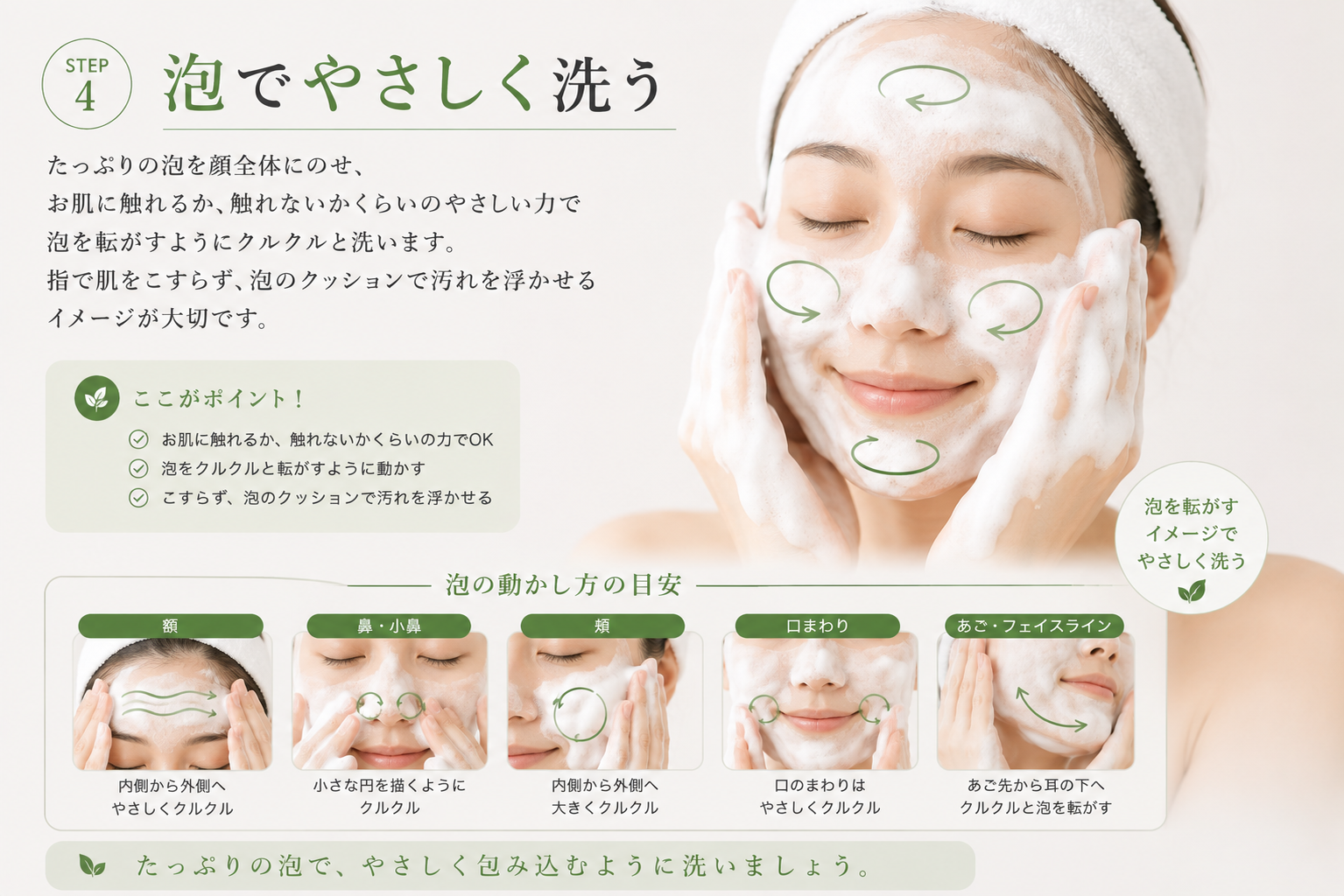 泡洗顔水の泡を顔の上で転がすようにやさしく洗う方法