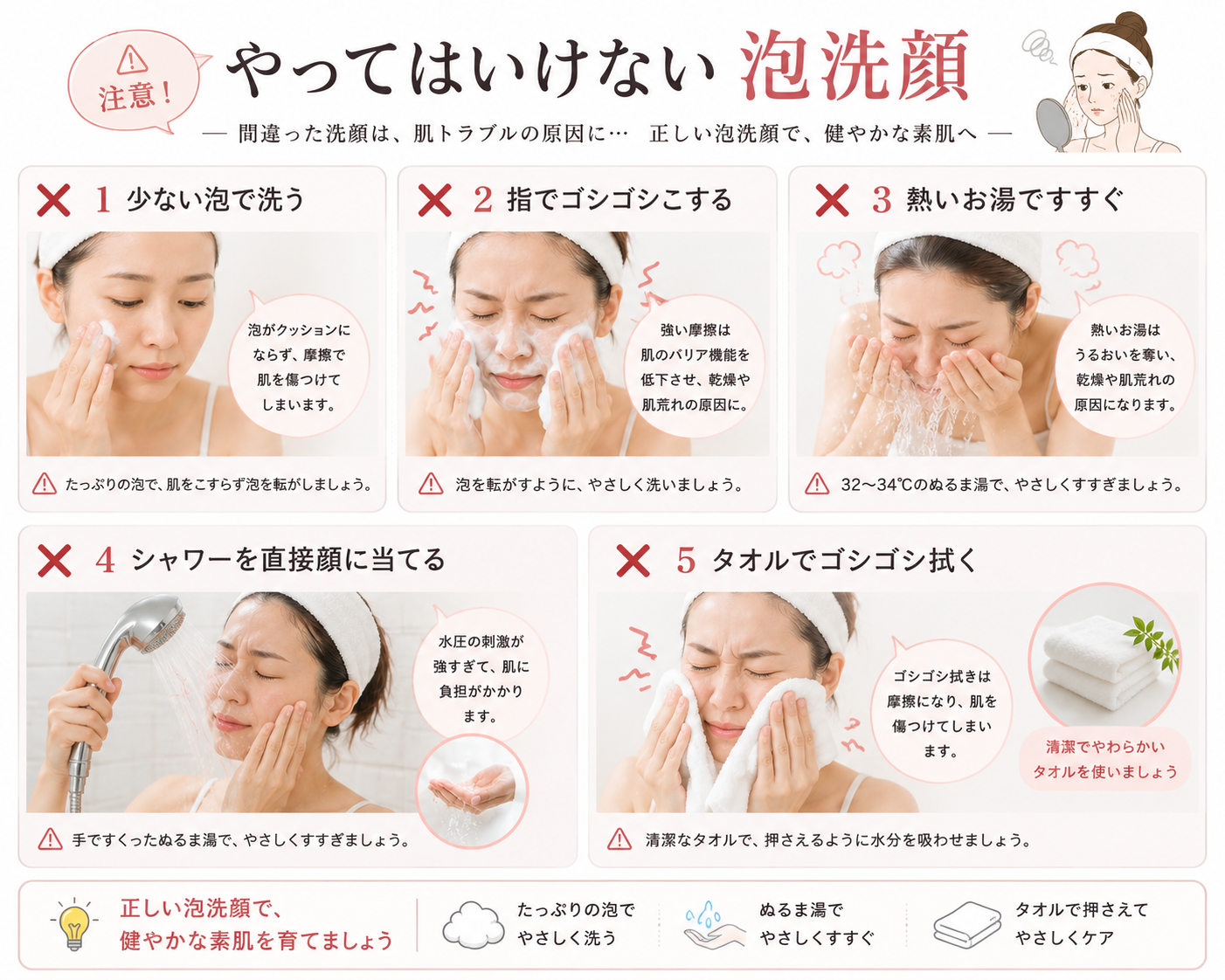 泡が少ない・ゴシゴシ洗う・熱いお湯・直接シャワー・タオルでこするなど泡洗顔で避けたい5つの方法