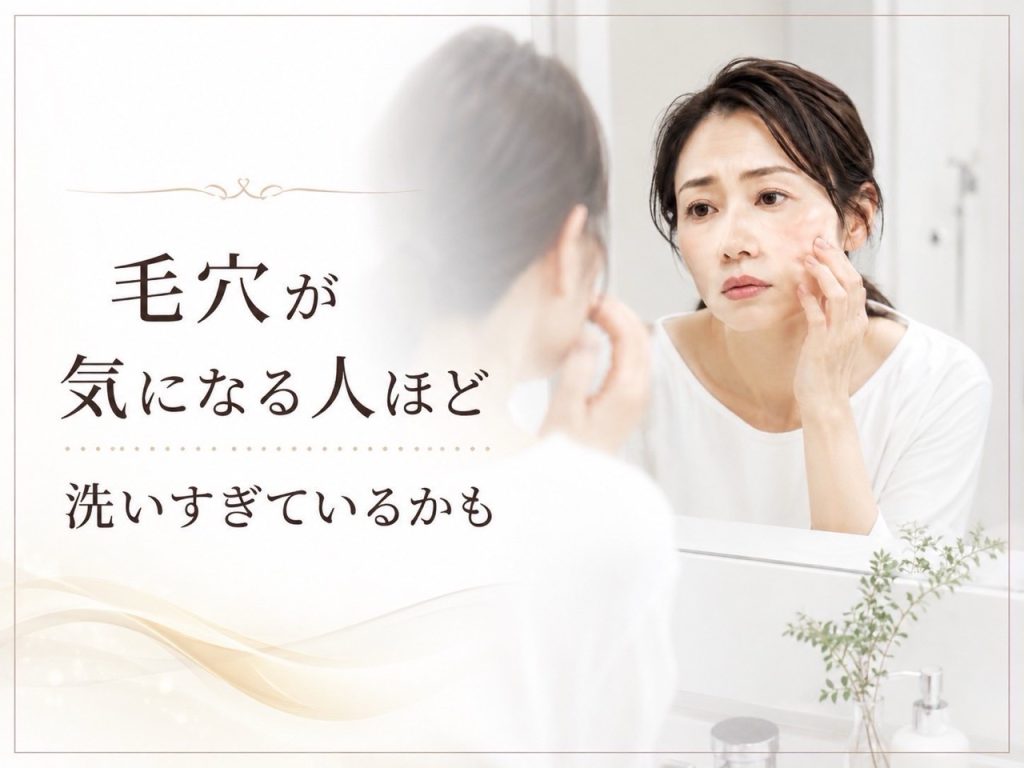 毛穴や乾燥が気になり肌を触る40代女性