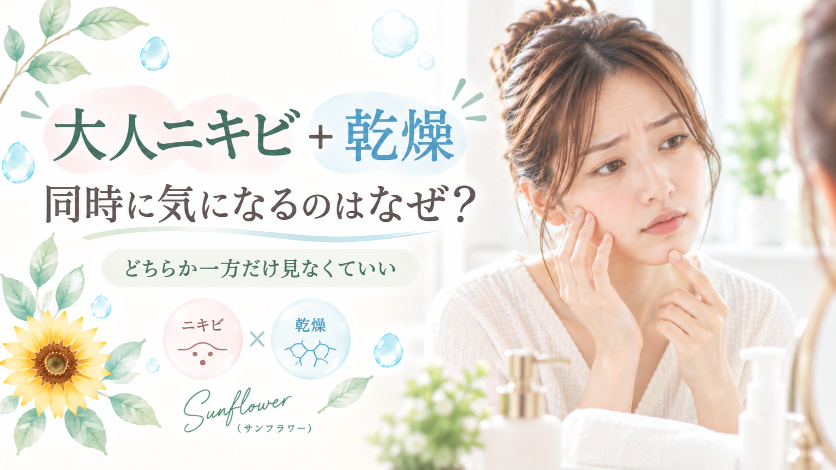 大人ニキビと乾燥が同時に気になるときのスキンケアについて伝えるSunflower(サンフラワー)の記事画像
