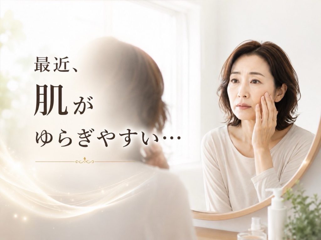 乾燥するのにテカり、何を塗っても安定しないゆらぎ肌に悩む大人女性のスキンケアイメージ