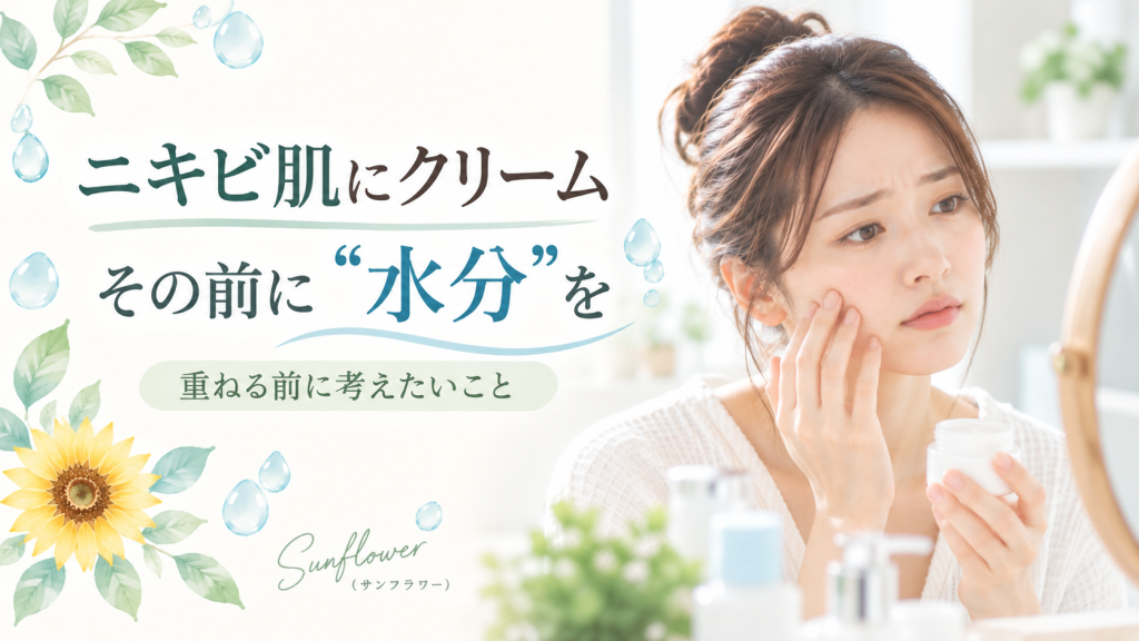 ニキビ肌にクリームを重ねる前に水分について考えるスキンケアを紹介するSunflower（サンフラワー）の記事画像