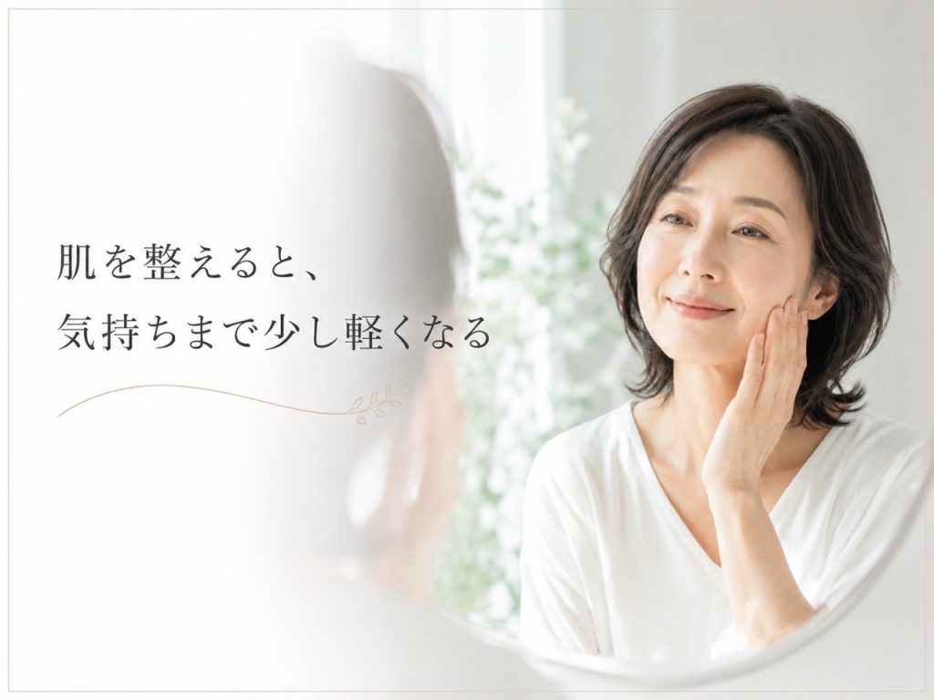 鏡を見てなんだか疲れて見えると感じる大人女性が肌と心を整えるフェイシャルイメージ