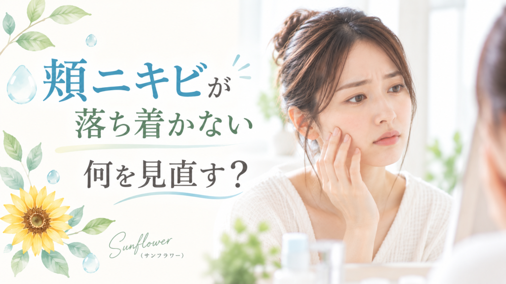 頬のニキビがなかなか落ち着かない方へ毎日のスキンケアで見直したいことを紹介するSunflower（サンフラワー）の記事画像