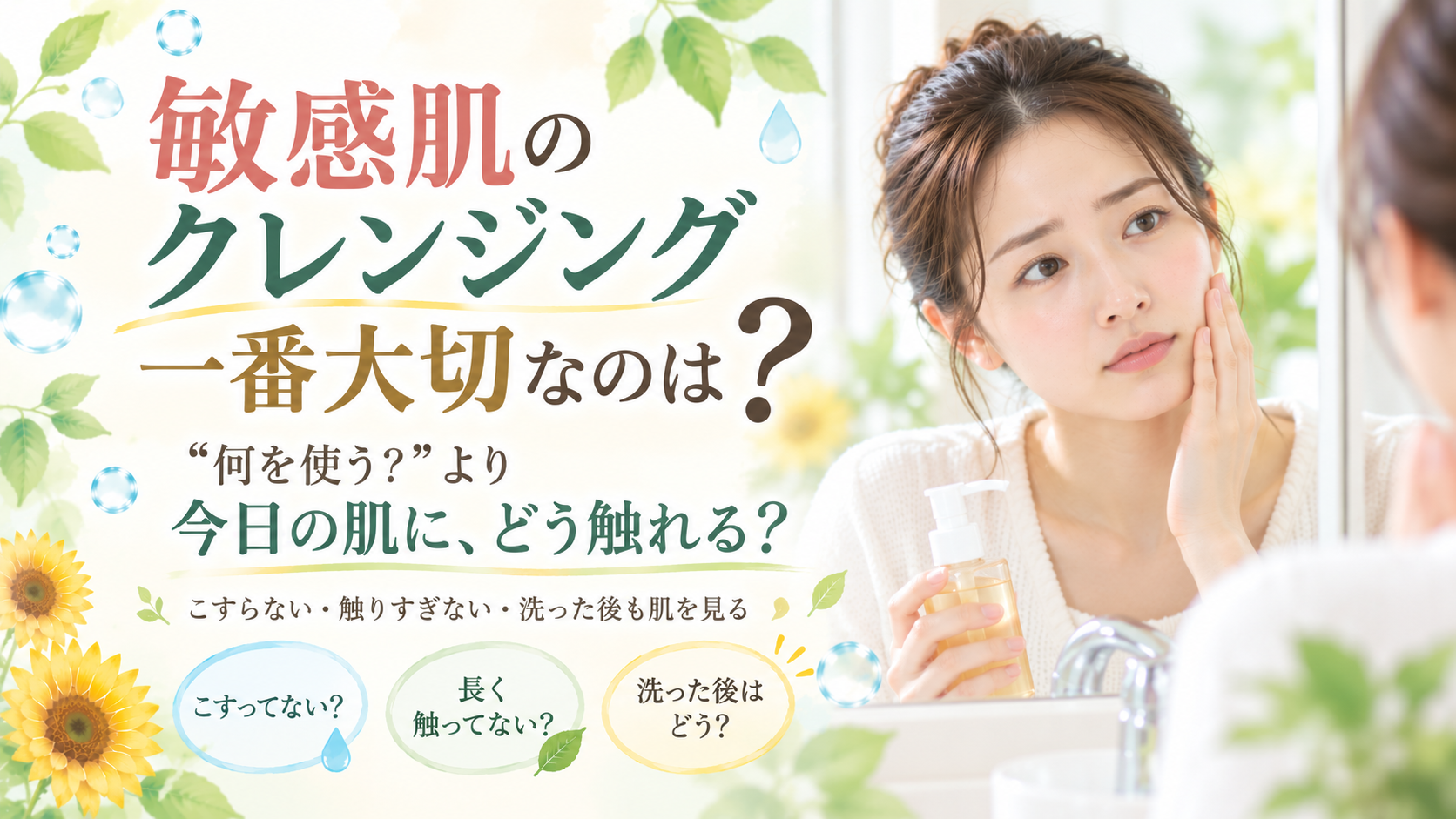 敏感肌のクレンジングでこすりすぎや触りすぎを見直し今日の肌を見ながらやさしく洗うことを伝えるSunflower(サンフラワー)の記事画像