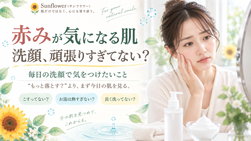 赤みが気になる肌の毎日の洗顔でこすりすぎや洗い方を見直し今日の肌を見ることを伝えるSunflower（サンフラワー）の記事画像