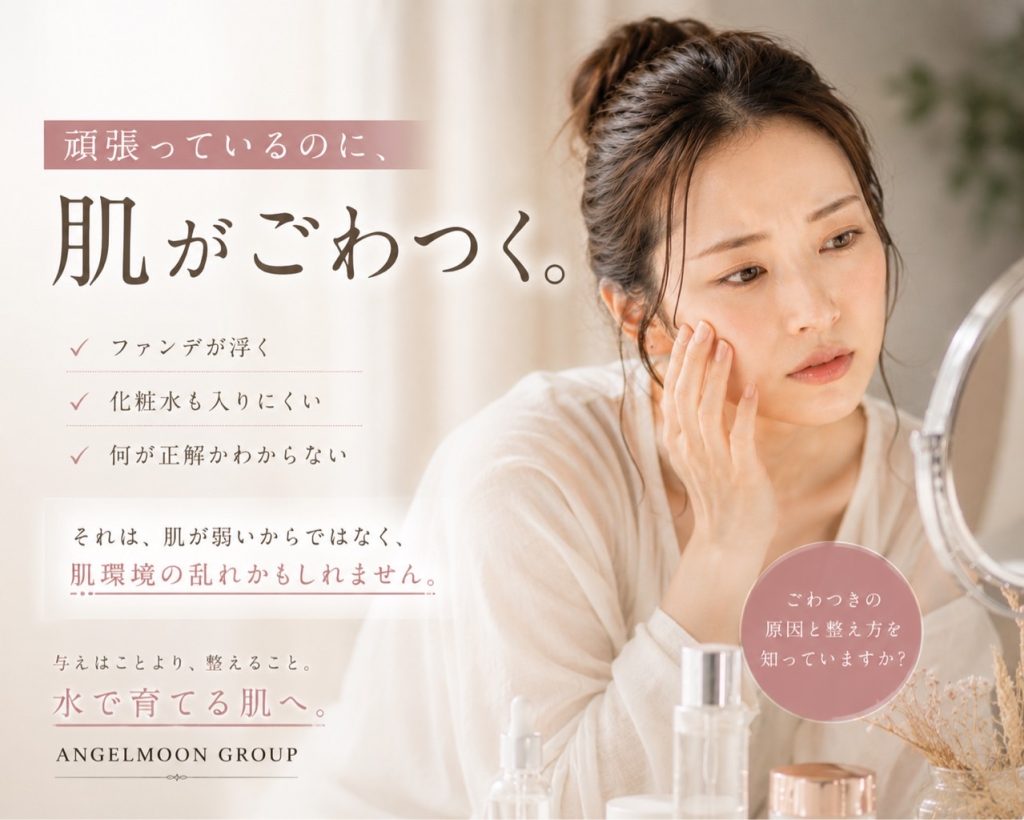 肌のゴワつきやファンデーションの浮きに悩み、化粧水を手にスキンケアを考える女性。新宿区Sunflowerが伝える整えるケア