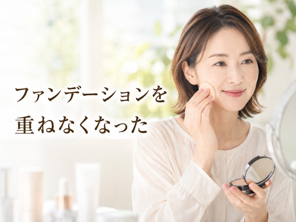 明るいドレッサーの前でファンデーションのパフを置く日本人女性。シミやくすみを隠すことより素肌を大切にする肌質改善を伝える新宿区Sunflowerの美容コラム