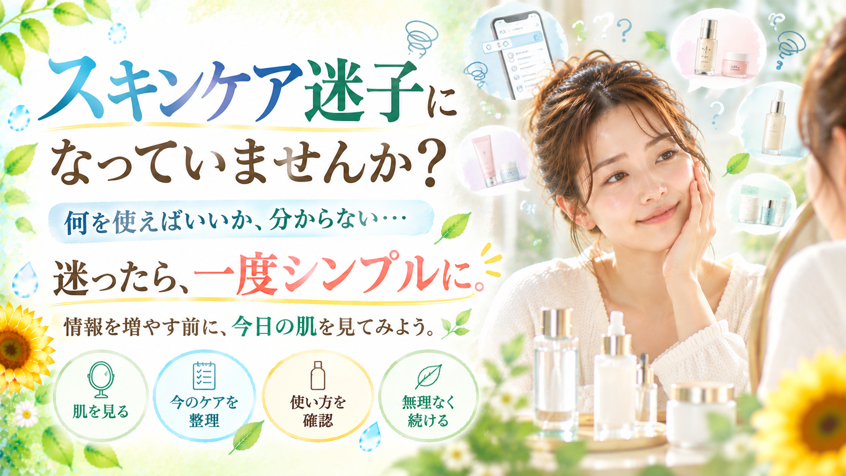 スキンケア迷子になり美容情報の多さに悩む女性が、鏡の中の自分の肌に目を向けてお手入れをシンプルに考えるSunflower（サンフラワー）のブログ画像