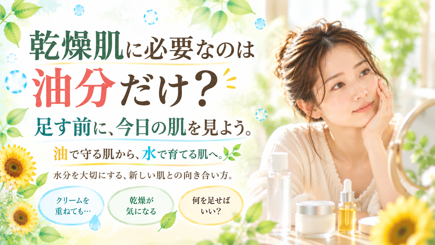 乾燥肌に必要なのは油分だけなのかを問いかけ、水分と今日の肌の状態を大切にするSunflower（サンフラワー）の美容の考え方を伝える記事画像