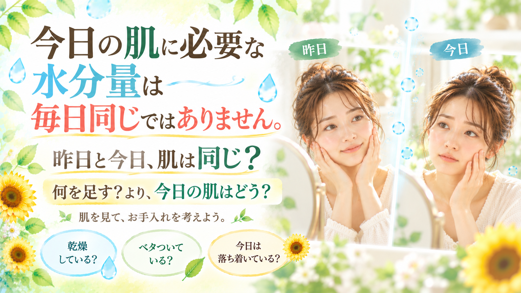 昨日と今日で肌の状態が違うことに気づき、鏡で頬を確認する女性を描いたSunflower(サンフラワー)のスキンケア記事画像