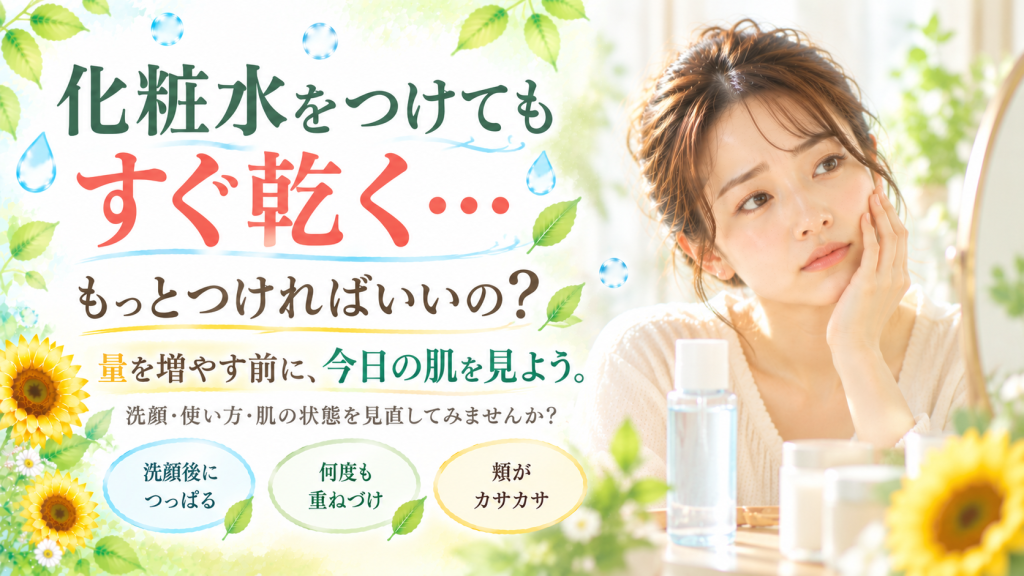 化粧水をつけてもすぐ乾くと感じる女性が頬を確認する様子と、スキンケアの使い方を見直す大切さを伝えるSunflower（サンフラワー）の記事画像