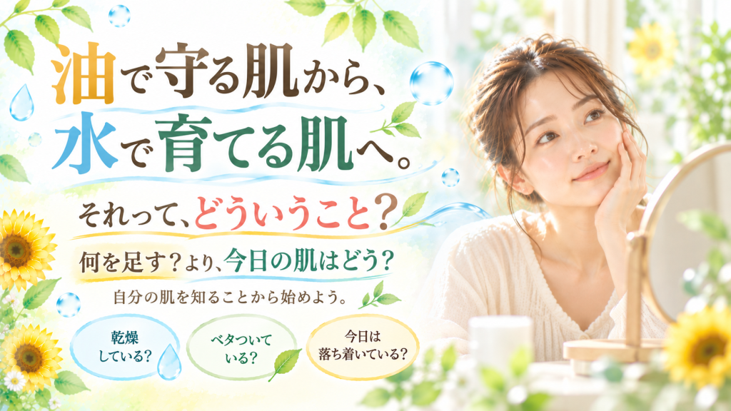 油で守る肌から水で育てる肌へというSunflower（サンフラワー）の美容理念を、鏡で肌を確認する女性と透明感のある水滴で表現した画像