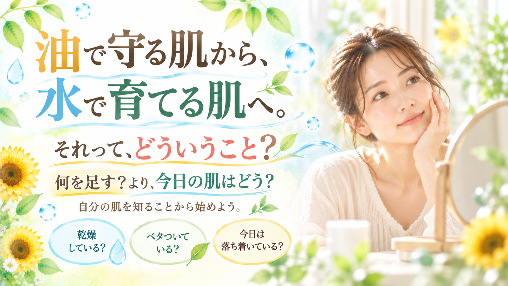 油で守る肌から水で育てる肌へというSunflower（サンフラワー）の美容理念を、鏡で肌を確認する女性と透明感のある水滴で表現した画像