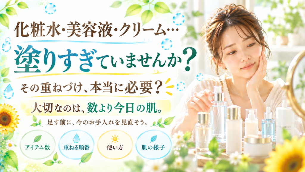 洗面台に並んだ化粧水・美容液・クリームを前に、スキンケアの塗りすぎや重ねすぎを見直そうと考える女性を描いたSunflower（サンフラワー）のブログ画像