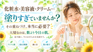 洗面台に並んだ化粧水・美容液・クリームを前に、スキンケアの塗りすぎや重ねすぎを見直そうと考える女性を描いたSunflower（サンフラワー）のブログ画像