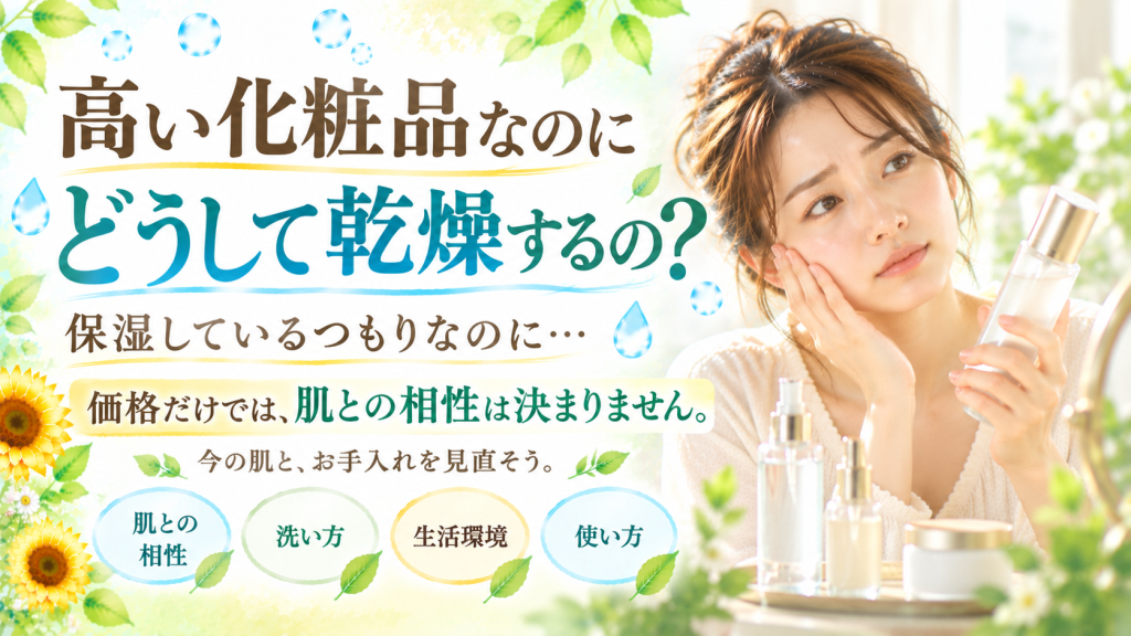 高価な化粧品を使っているのに乾燥する理由を考え、化粧水ボトルを見つめながら頬に手を添える女性を描いたSunflower（サンフラワー）の記事画像