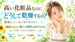 高価な化粧品を使っているのに乾燥する理由を考え、化粧水ボトルを見つめながら頬に手を添える女性を描いたSunflower（サンフラワー）の記事画像